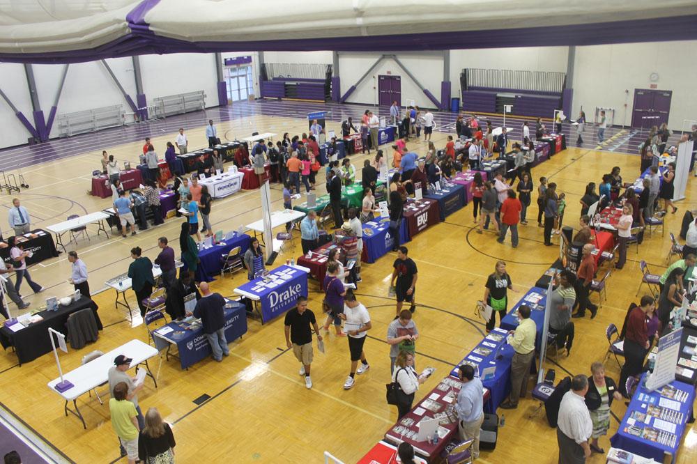 An overhead view of the crowd in the MPA for the college fair.