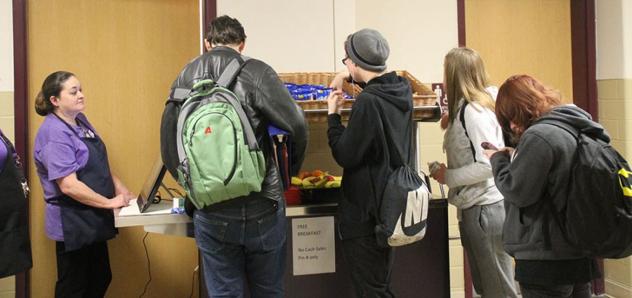 Students gather in C Hall to get breakfast. All Wayne Township students now receive a free breakfast thanks to a new national program.