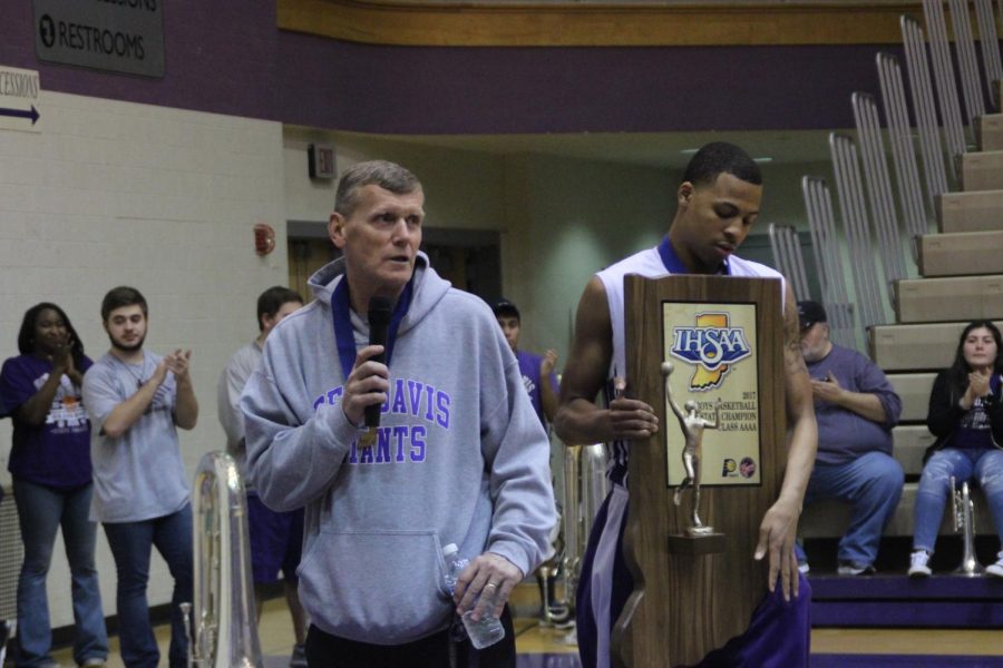 Former Ben Davis coach Mark James celebrates the 2017 Class 4A state title during a pep rally after the game. James today was announced as a member of the 2020 Indiana Basketball Hall of Fame.
