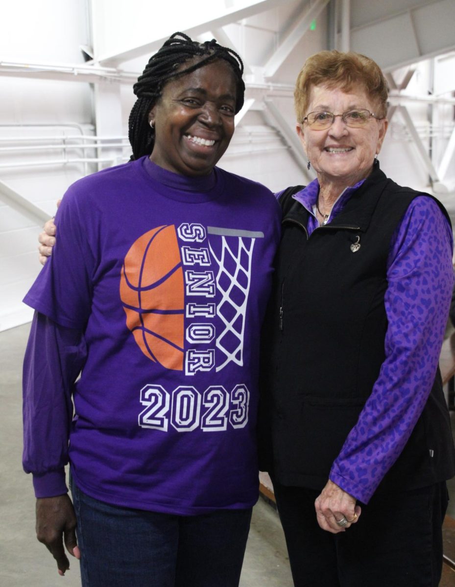 Head custodian Teresa Williams (left) poses with former BD athletic director Priscilla Dillow at the 2023 girls basketball sectional. Dillow passed away today leaving a legacy in girls athletics in Indiana that will never be duplicated.
